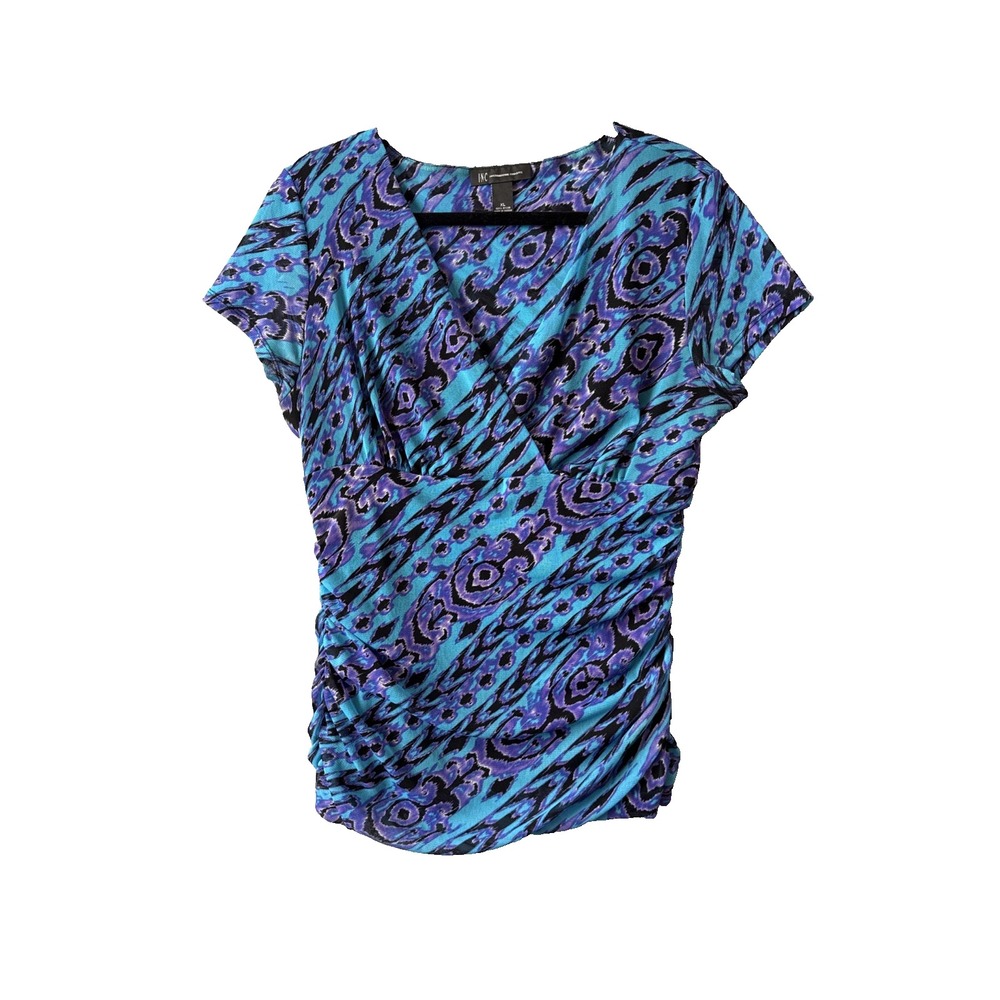 INC International Concepts Mesh Top XL Blue Purple Ikat Ruched V Neck Y2K Boho